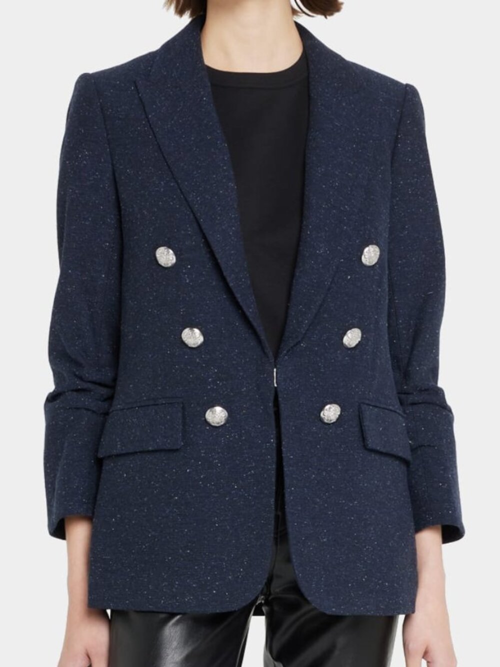 Sz 4 Veronica Beard Navy Blue Beacon Dickey Speckled Tweed Ruched Sleeve Blazer